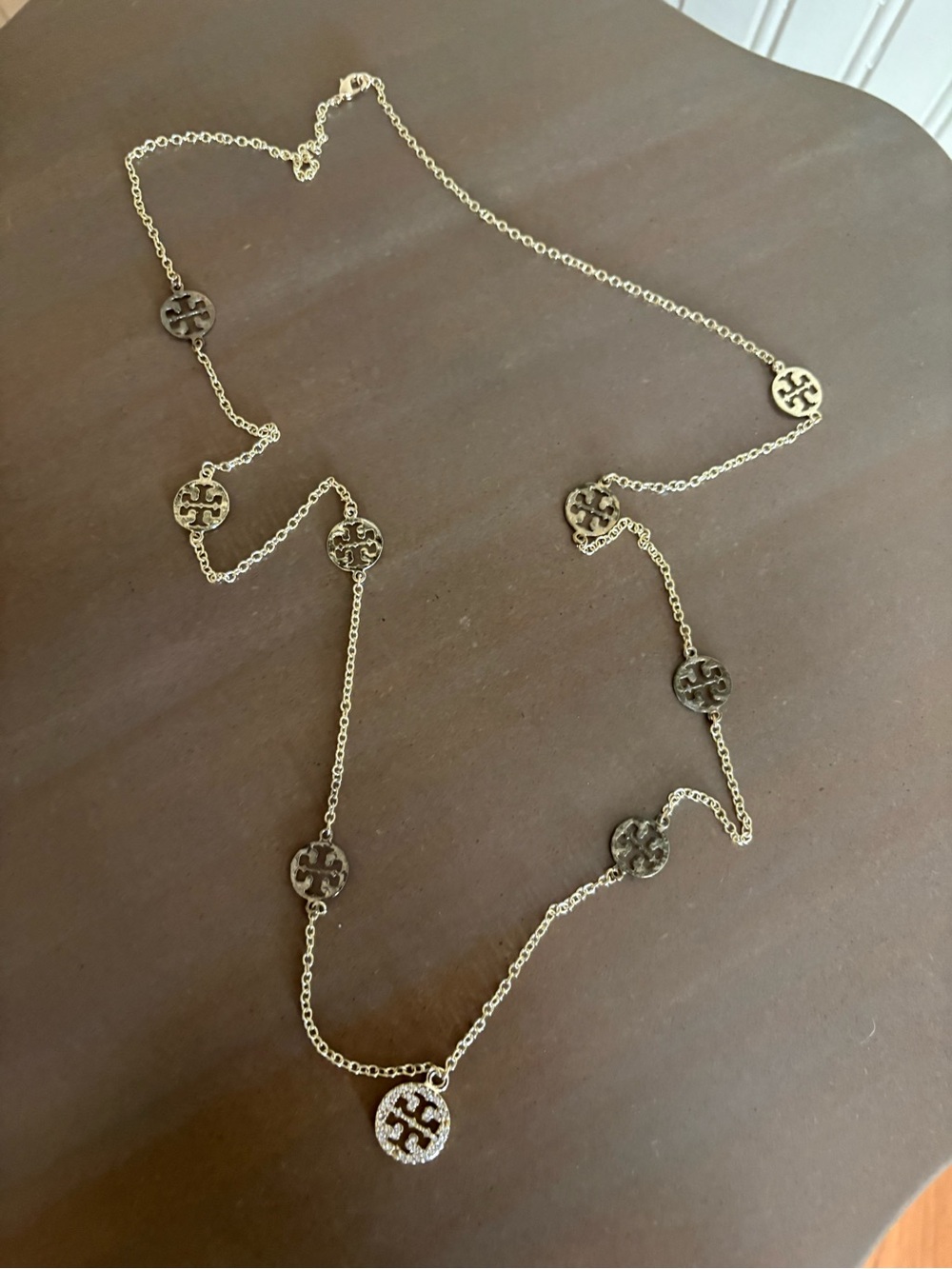 Gold Long Station Logo Disc Necklace - Women Jewelry